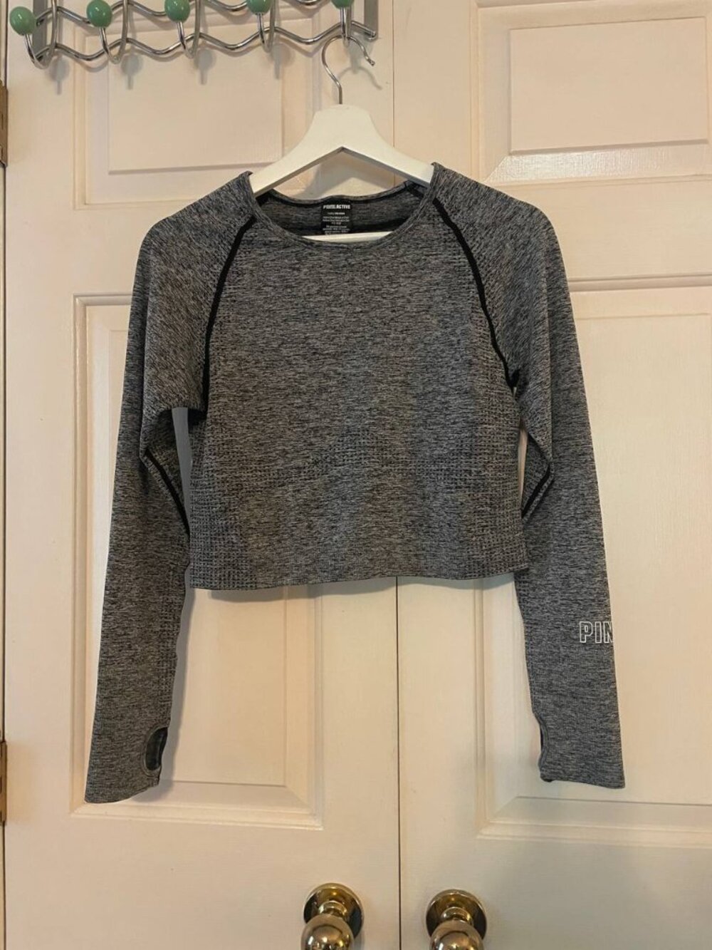 PINK ACTIVE Heather Grey Cropped Long Sleeve Athleisure Top L clean girl